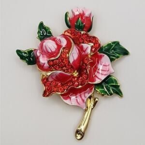 Rose Flower Brooch Red Rhinestone Pink & Red Enamel Gold Tone Stem Pretty